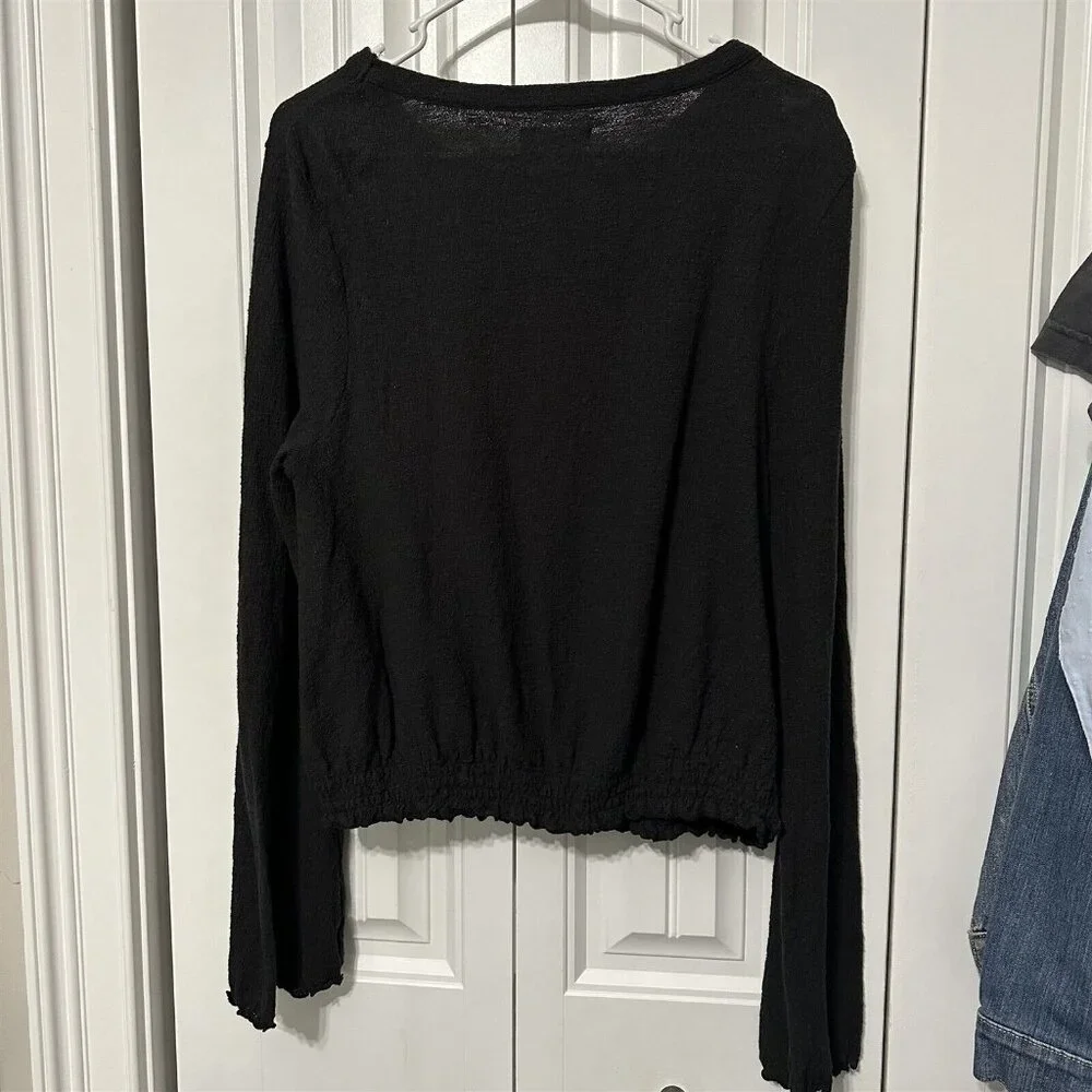 Madewell Blouson Top Black Large Long Sleeve Ruffle Edge Nubby Bell Sleeve